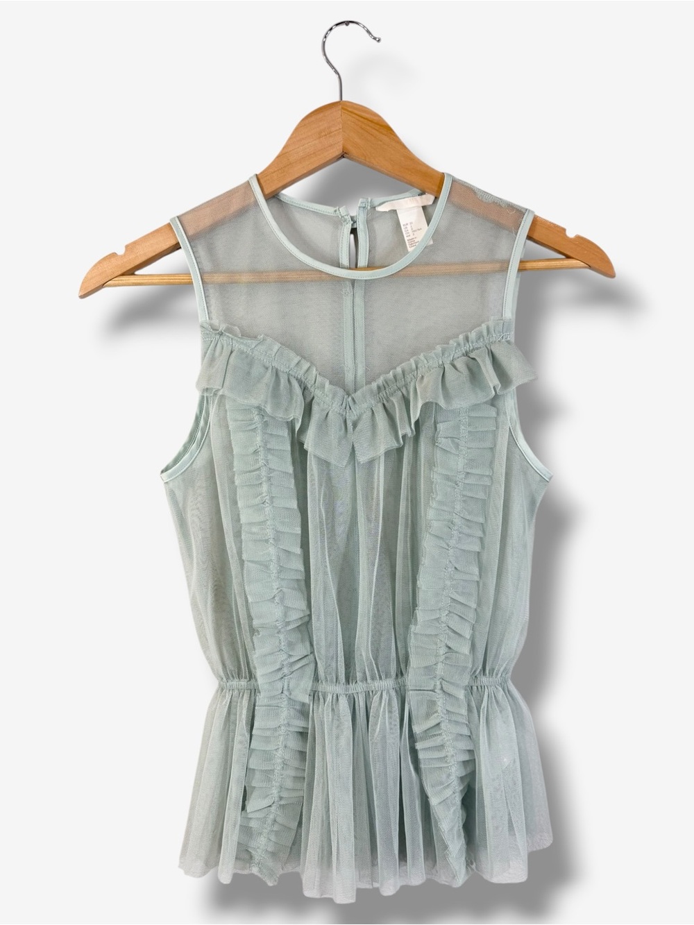 H&M Mint Green Sheer Peplum Blouse Size 2 Sleeveless Ruffle Romantic Mesh Casual